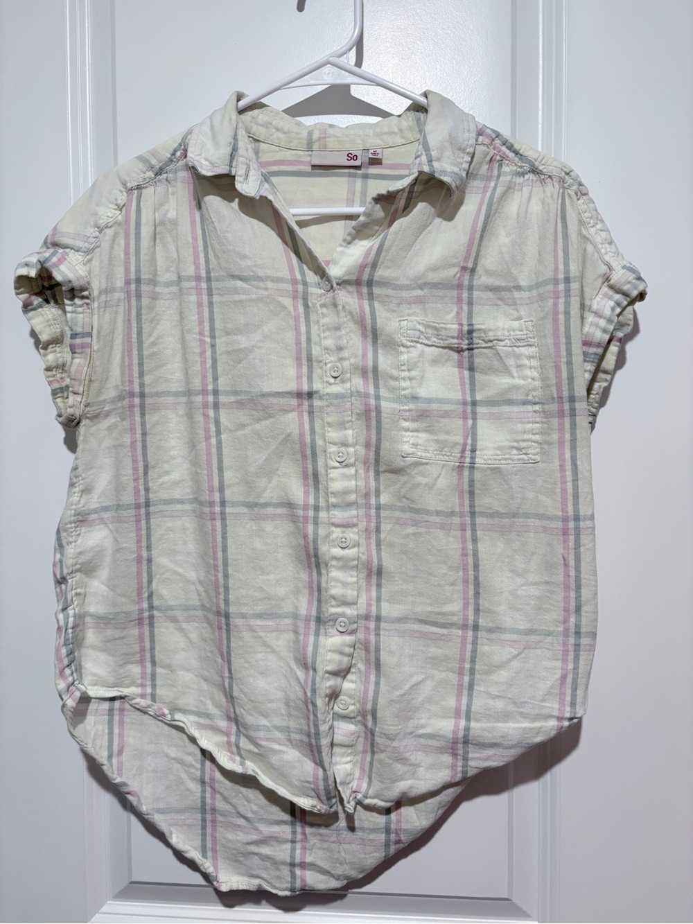 SO Pale Green Button-Down Short Sleeve Plaid Shirt with Pink and Gray Stripes